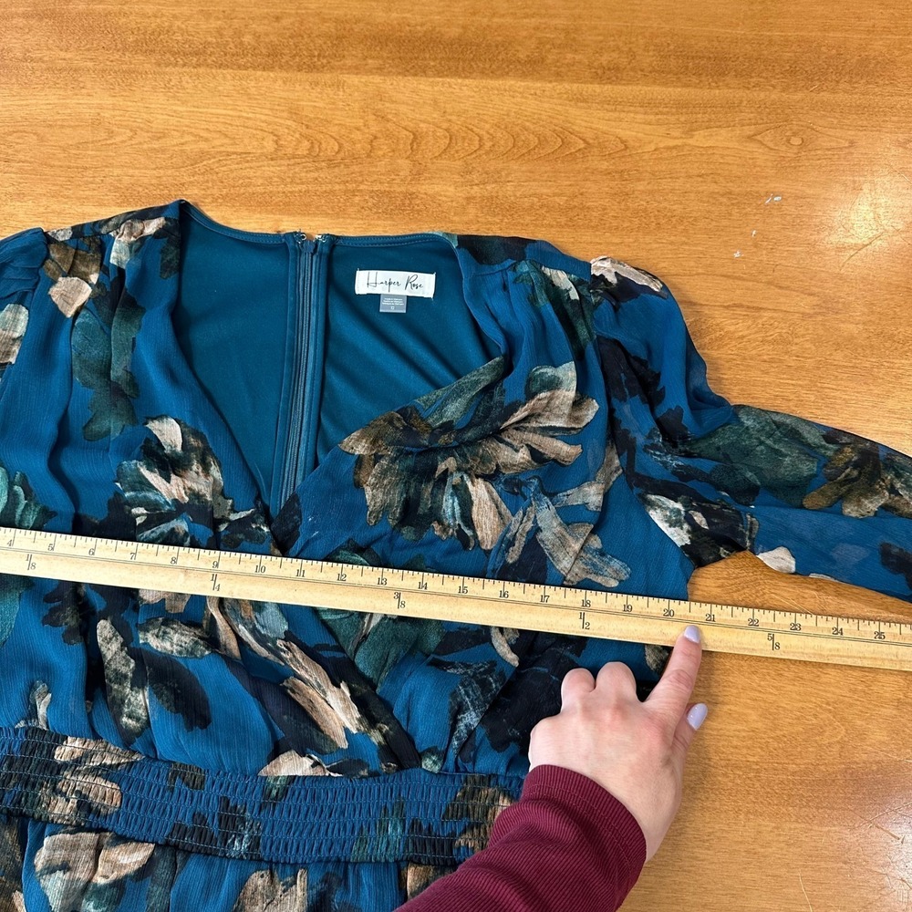 Harper Rose Floral Mini Dress Womens 12 Teal Long Sleeve Smocked Tiered Chiffon - Picture 6 of 9